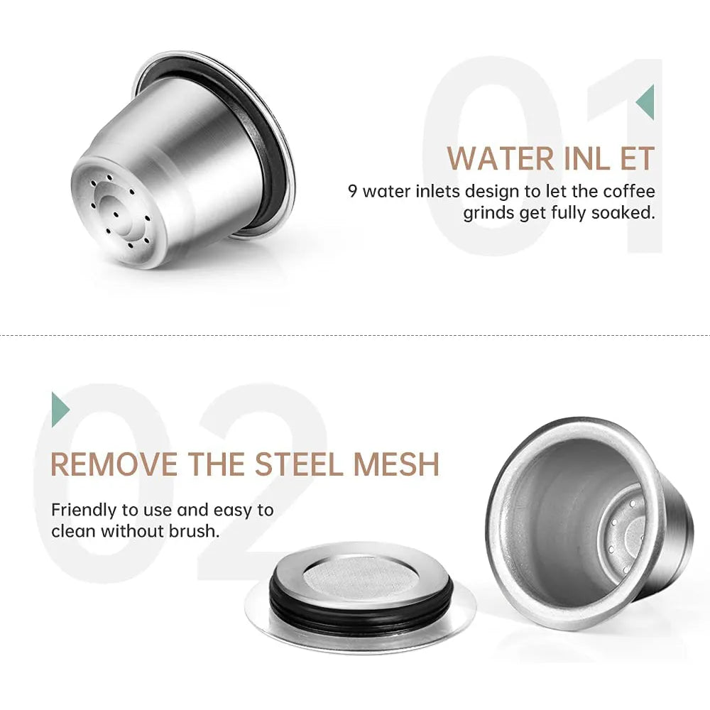 Stainless Steel Reusable Coffee Capsule for Nespresso with Refillable Espresso Cups, Coffee Pods and Tamper Dosing Ring