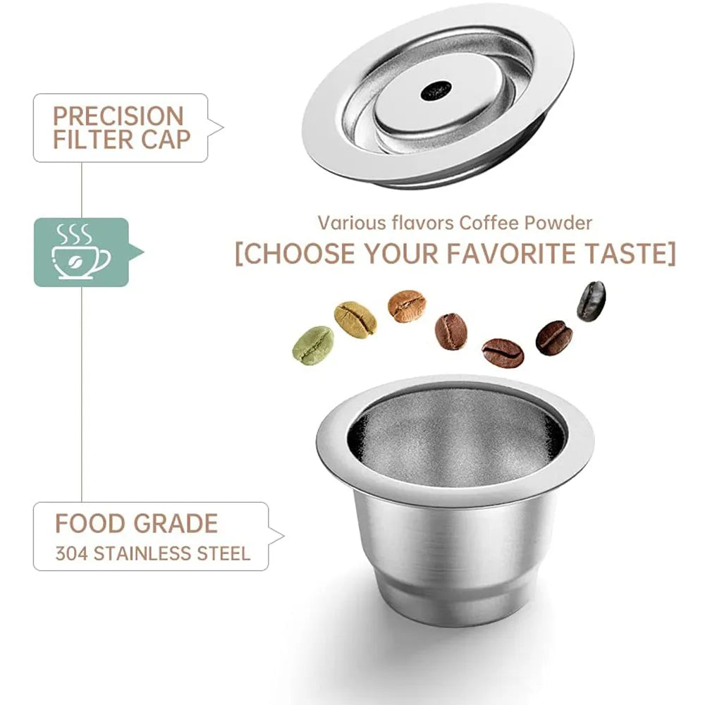 Stainless Steel Reusable Coffee Capsule for Nespresso with Refillable Espresso Cups, Coffee Pods and Tamper Dosing Ring
