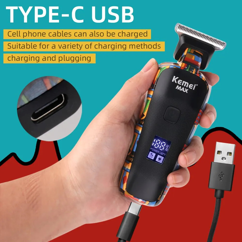 Kemei-5090 Professional Barber Hair Clipper for Men with Digital Display and Graffiti Pattern Electric Reciprocating Pusher