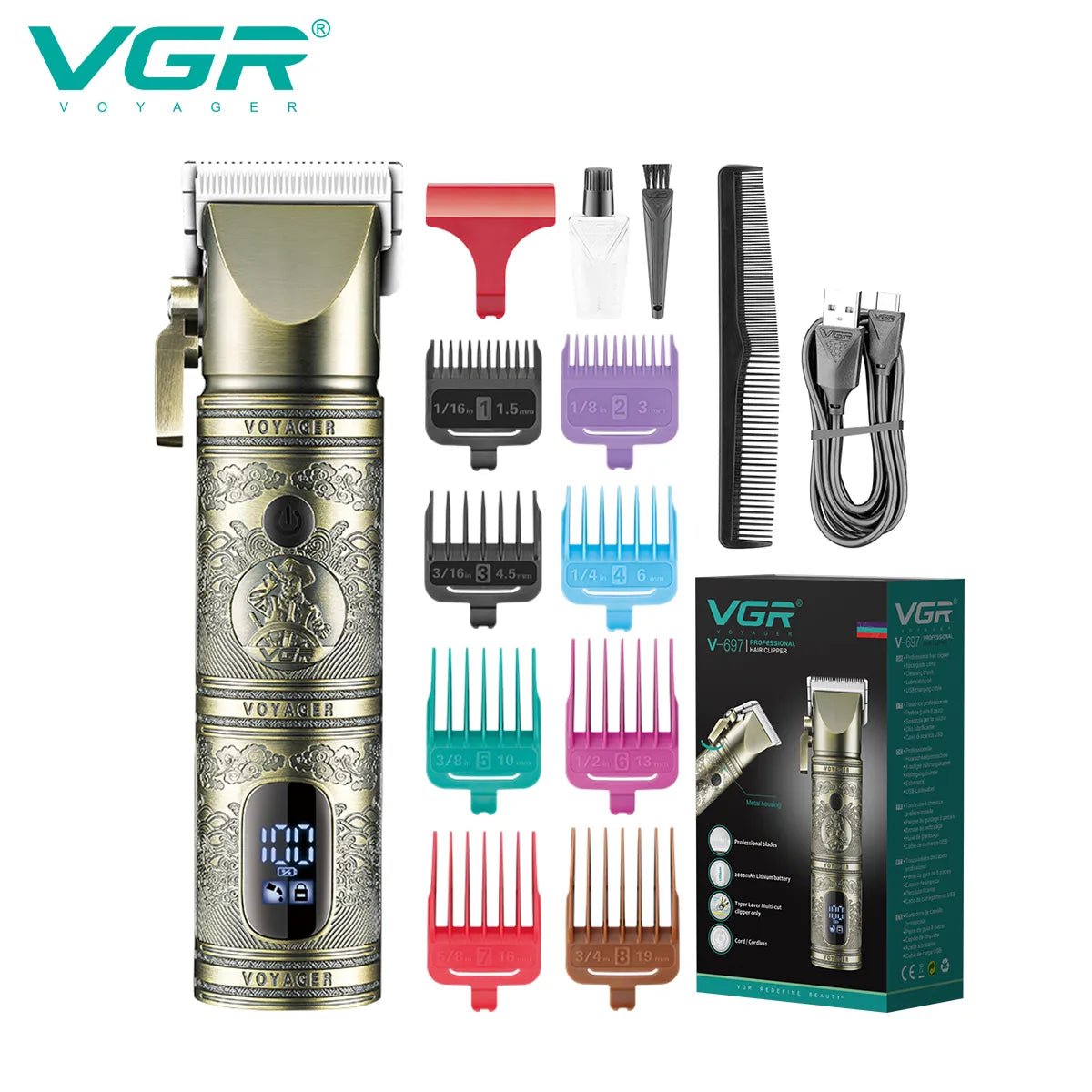 VGR Professional Hair Clipper for Men, Adjustable Rechargeable T9 Hair Trimmer with LED Display, V-697 Hair Cutting Machine
