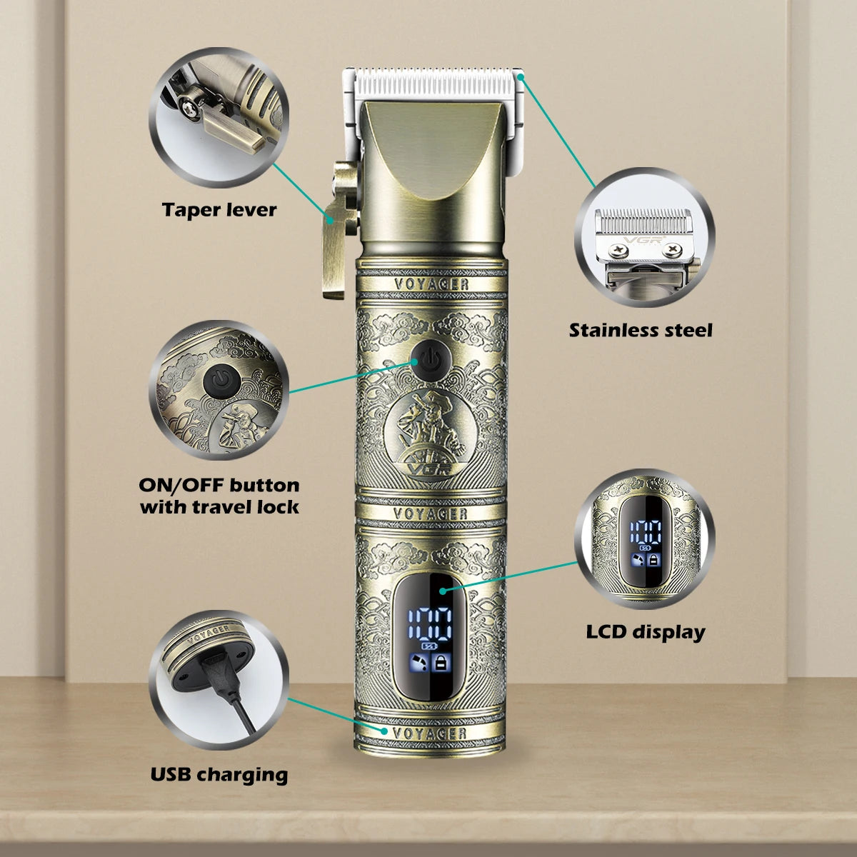 VGR Professional Hair Clipper for Men, Adjustable Rechargeable T9 Hair Trimmer with LED Display, V-697 Hair Cutting Machine
