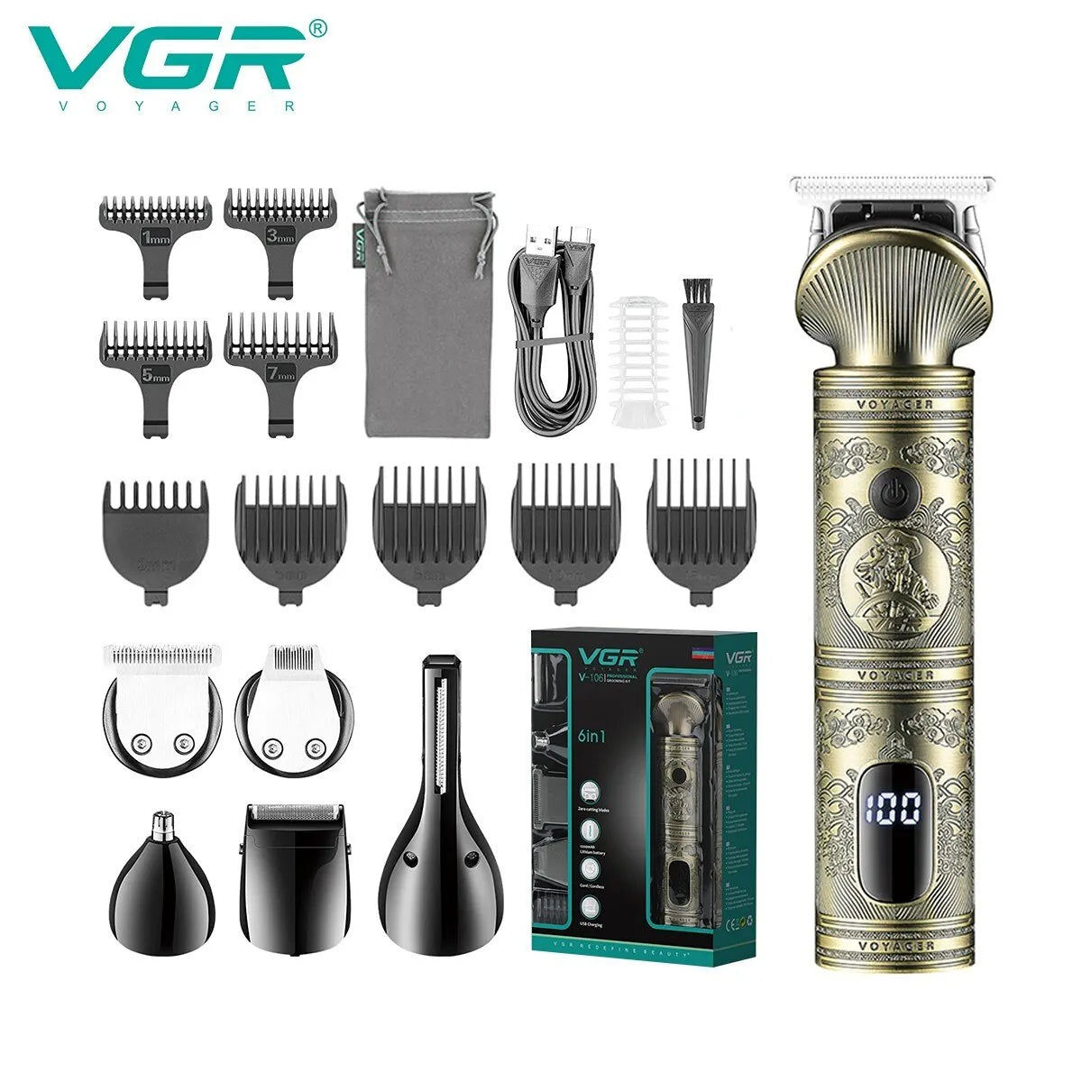 VGR Professional 6-in-1 Grooming Kit - Rechargeable Metal Hair Trimmer, Body Shaver, Nose Trimmer, Hair Clipper - Vintage V-106 Model