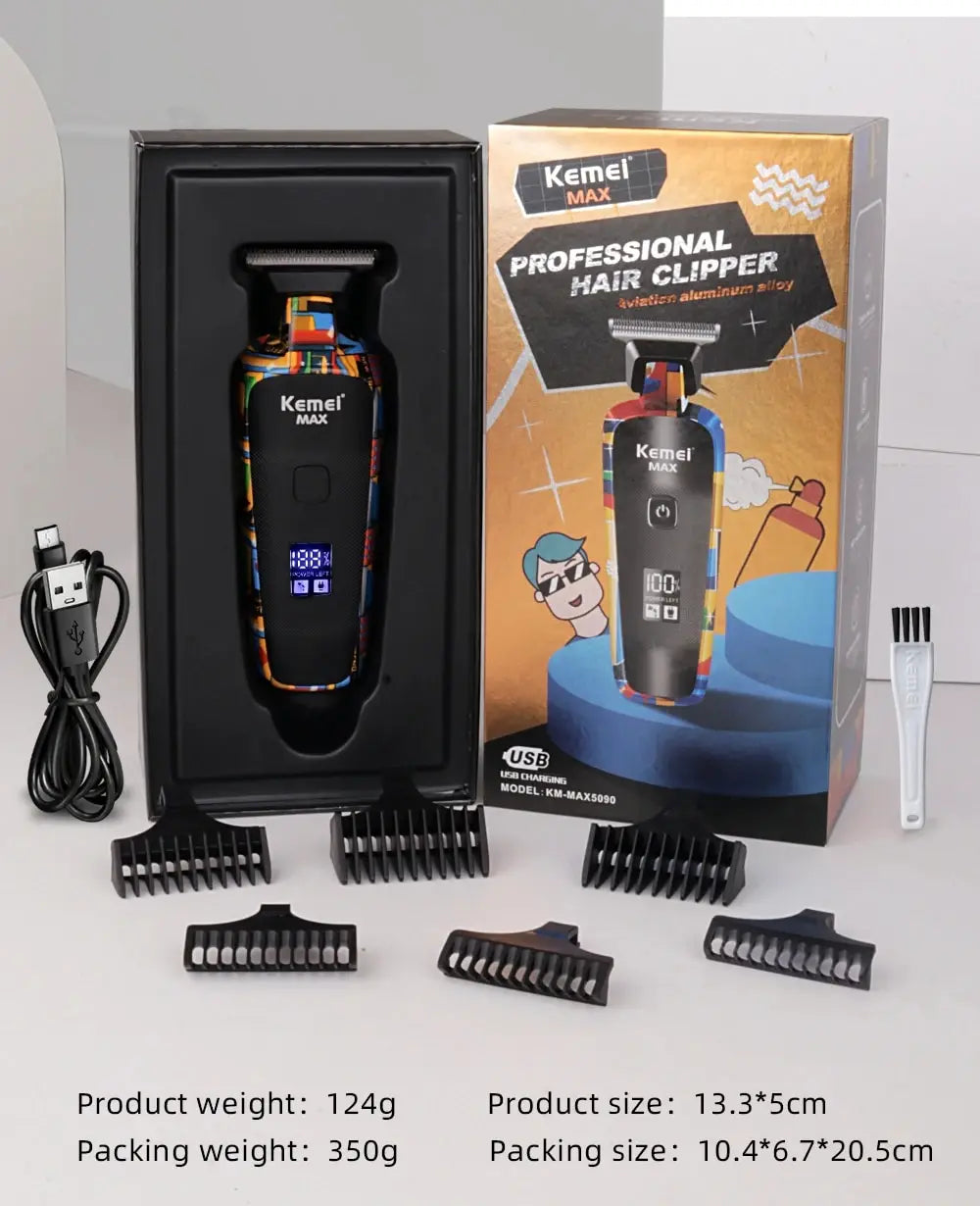 Kemei-5090 Professional Barber Hair Clipper for Men with Digital Display and Graffiti Pattern Electric Reciprocating Pusher