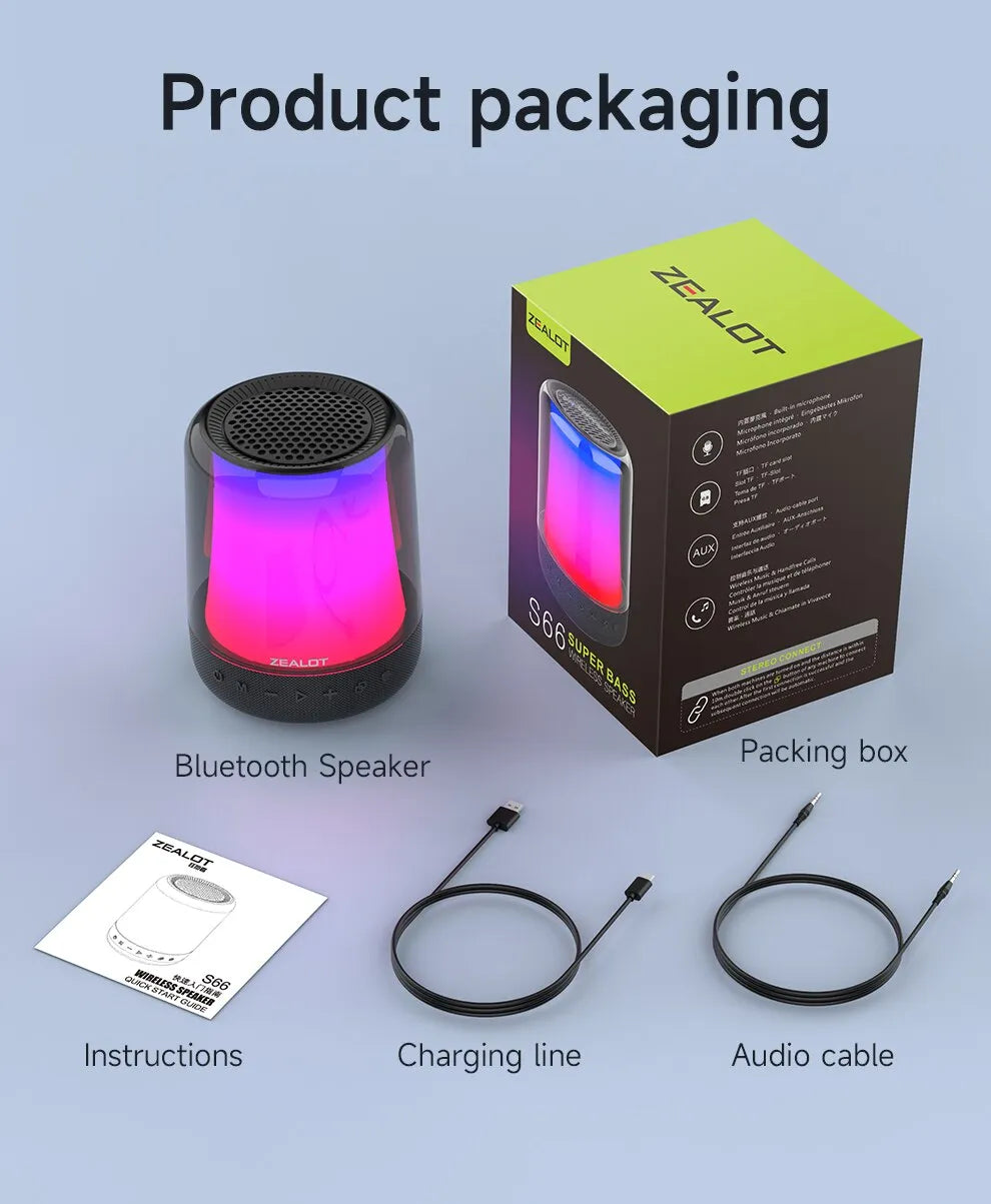 ZEALOT S66 Bluetooth 5.2 Speaker - Original Portable Subwoofer with RGB Lighting, Waterproof, USB and Outdoor Use