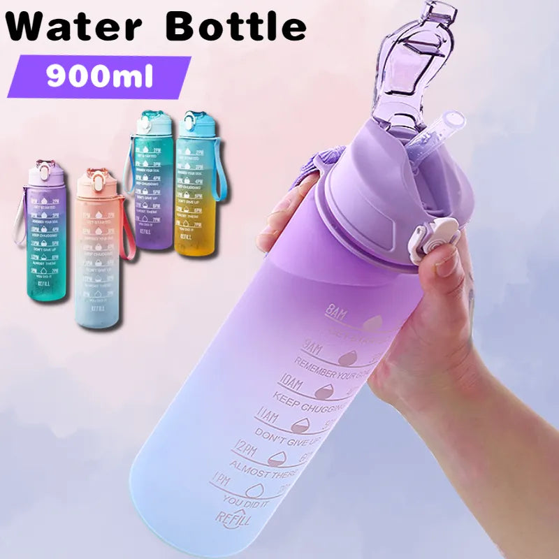 900ML Leak-Proof Sports Water Bottle - BPA Free with Time Marker - Motivational & Portable for Outdoor Sport Activities and Fitness