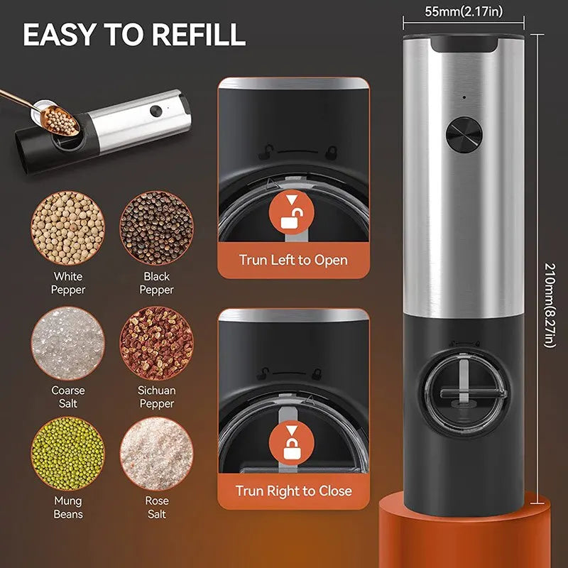 USB Rechargeable Electric Salt and Pepper Grinder Set with Adjustable Coarseness and LED Light - Essential Kitchen Tools