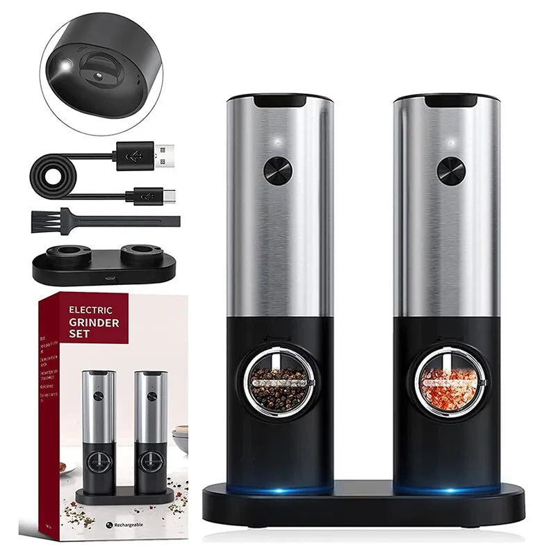 USB Rechargeable Electric Salt and Pepper Grinder Set with Adjustable Coarseness and LED Light - Essential Kitchen Tools