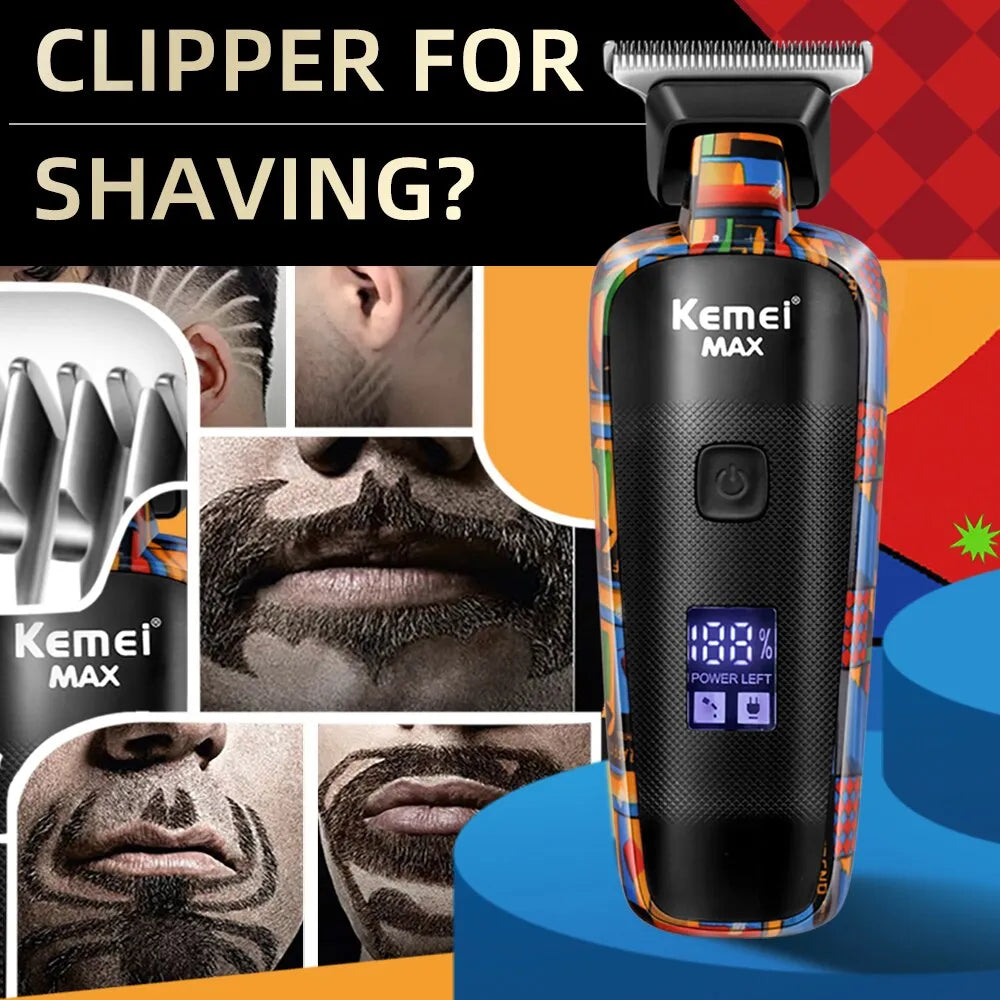 Kemei-5090 Professional Barber Hair Clipper for Men with Digital Display and Graffiti Pattern Electric Reciprocating Pusher