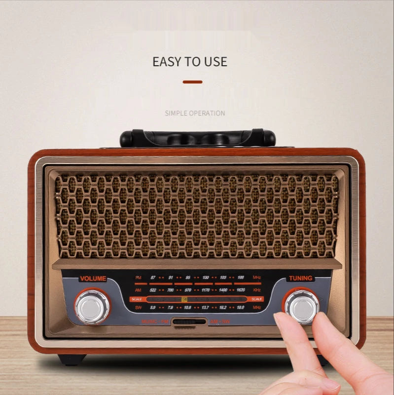 Top-Quality Portable Wooden Retro Radio with AM/FM/SW, Multi-function Bluetooth Speaker, Subwoofer and Card Audio Caixadesom