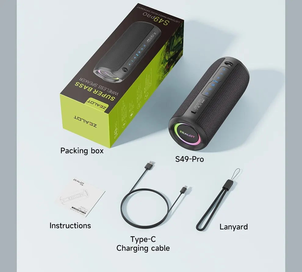 ZEALOT S49PRO Powerful 20W Portable Bluetooth Speaker: Waterproof IPX6, Enhanced Bass Boost, Dual Pairing, Long-lasting 3600Mah Battery for 10hr Playback