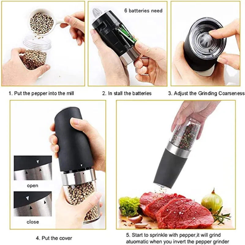 Automatic Gravity Induction Electric Pepper Mill - Herb, Spice, Coffee Grinder and Salt Shaker - Premium Kitchen Grinding Tool