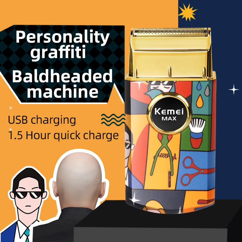 Kemei Men's Professional Titanium Double Foil Electric Shaver - Barber Finish Razor with Graffiti Pattern, KM-RS7098 Model