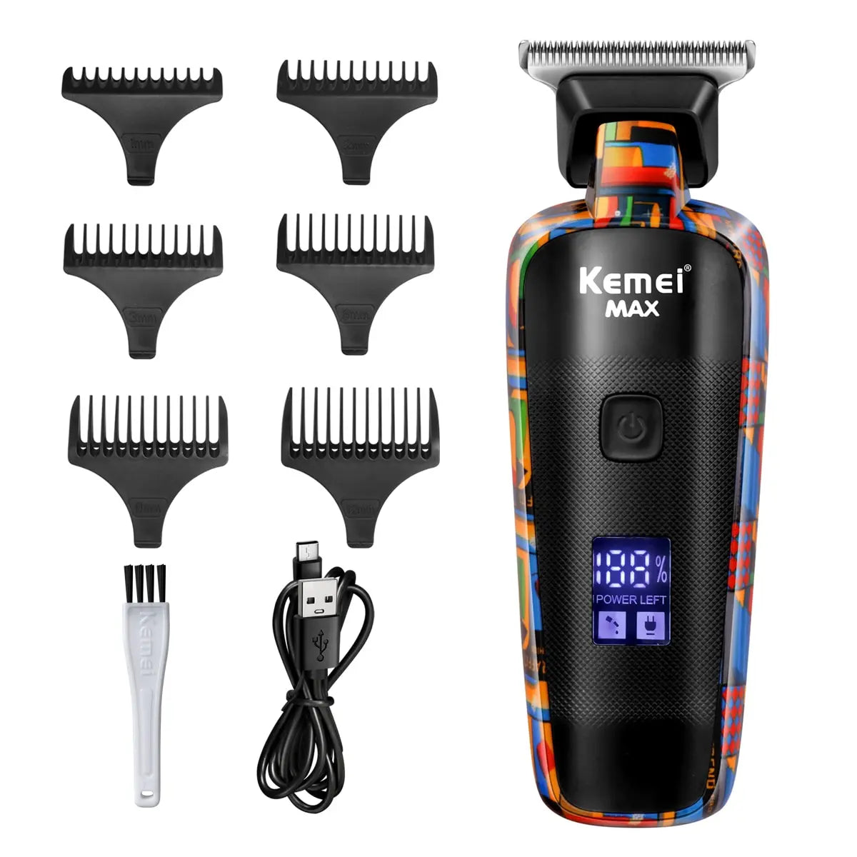 Kemei-5090 Professional Barber Hair Clipper for Men with Digital Display and Graffiti Pattern Electric Reciprocating Pusher