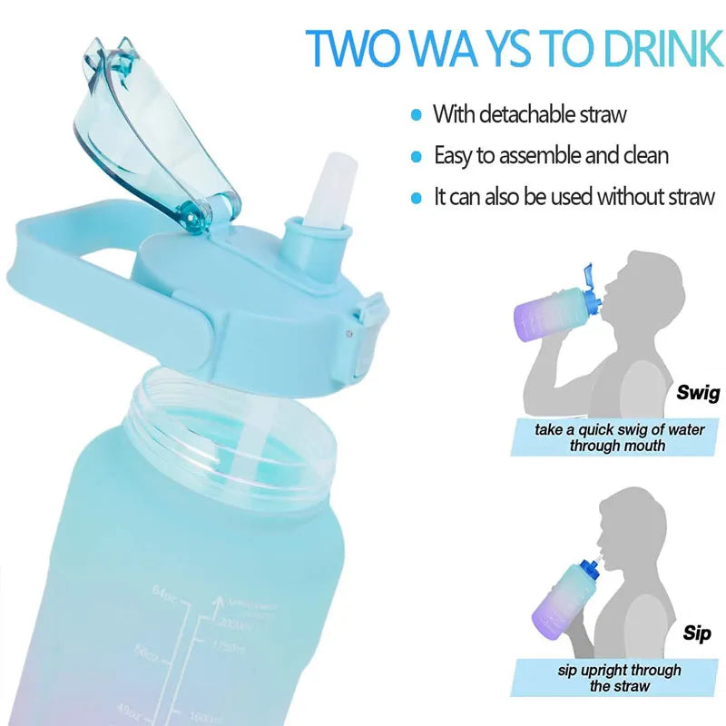 2L Motivational Sports Water Bottle with Time Marker Stickers - Portable, Reusable Plastic Drinking Bottle for Running and Fitness