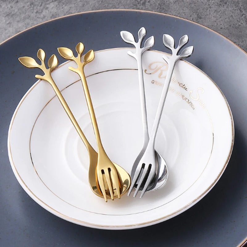 6-Piece Golden Leaf Stainless Steel Spoon Set - Ideal for Coffee, Tea, Dessert, Fruit & Ice Cream – Durable Kitchen Tableware