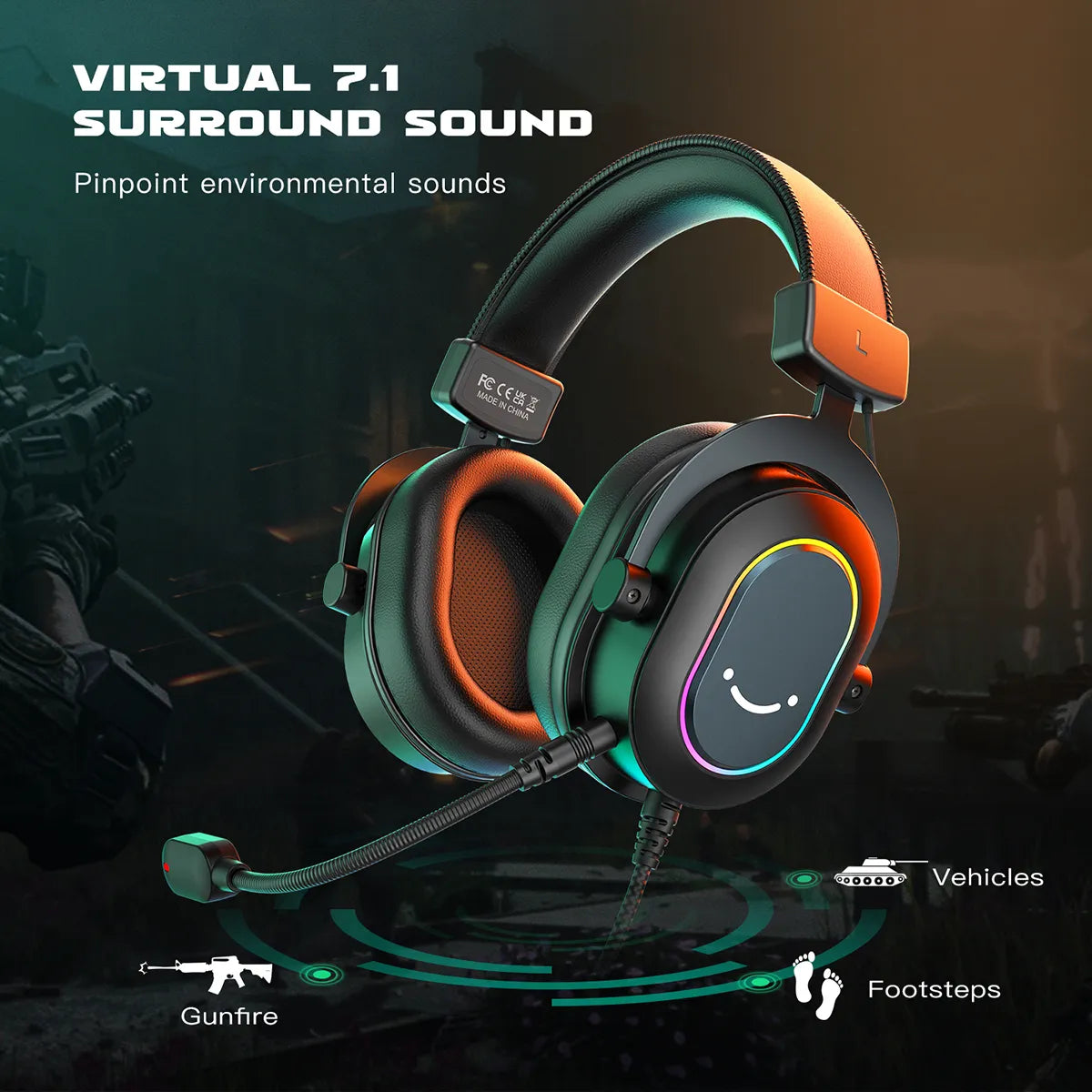 Fifine Dynamic Over-Ear Gaming Headset with Mic - 7.1 Surround Sound RGB Headphones - Compatible with PS4, PS5, PC - Featuring 3 EQ Settings for Games, Movies, Music