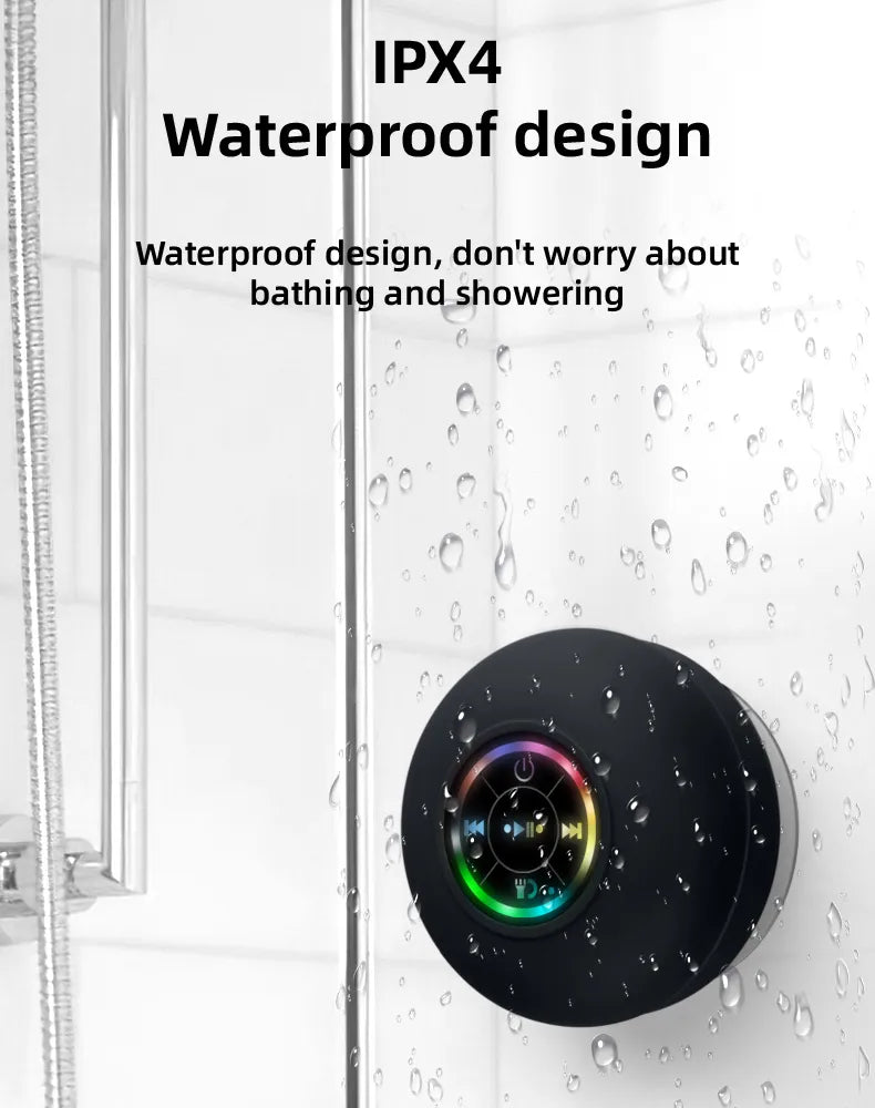 Bluetooth Shower Speaker - Portable, Waterproof with Suction Cup, LED Lights, and 3D Surround Stereo Subwoofer