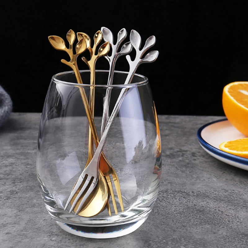 6-Piece Golden Leaf Stainless Steel Spoon Set - Ideal for Coffee, Tea, Dessert, Fruit & Ice Cream – Durable Kitchen Tableware