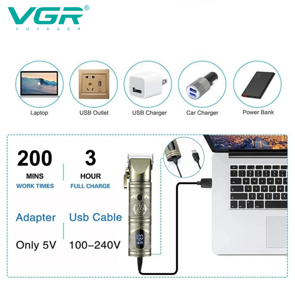 VGR Professional Hair Clipper for Men, Adjustable Rechargeable T9 Hair Trimmer with LED Display, V-697 Hair Cutting Machine