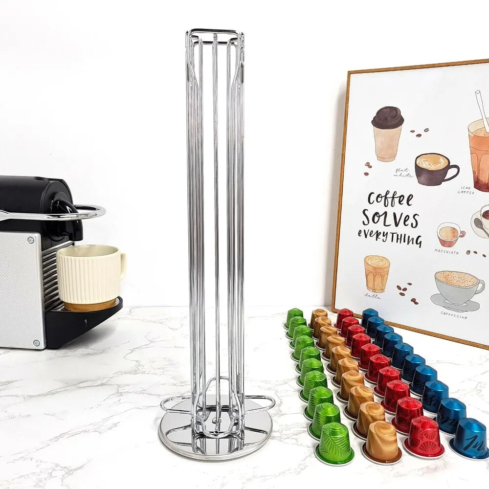 360-Degree Rotatable Chrome Plated Coffee Capsule Holder - Holds 40 Capsules with Display Rack Stand & Storage Shelves