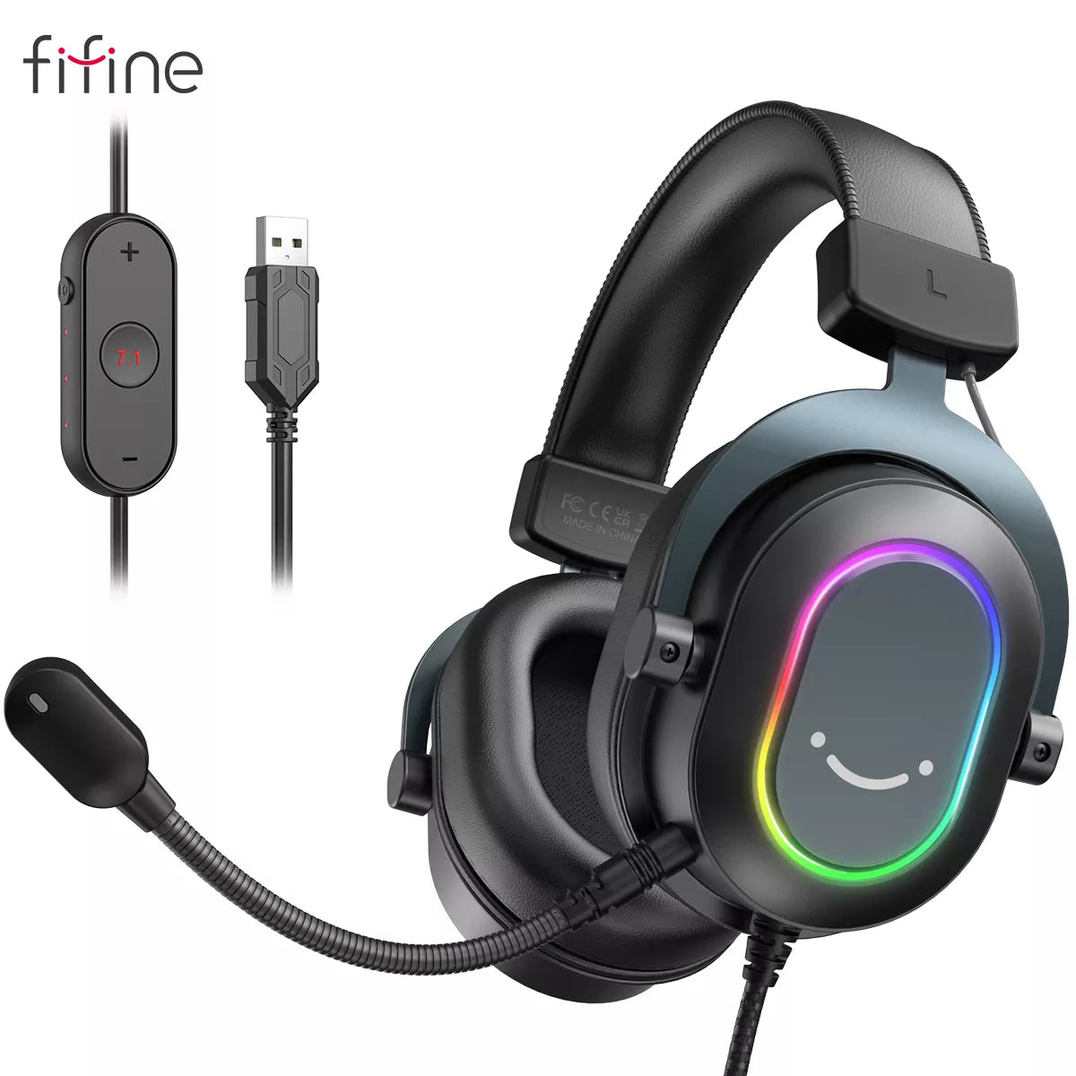 Fifine Dynamic Over-Ear Gaming Headset with Mic - 7.1 Surround Sound RGB Headphones - Compatible with PS4, PS5, PC - Featuring 3 EQ Settings for Games, Movies, Music