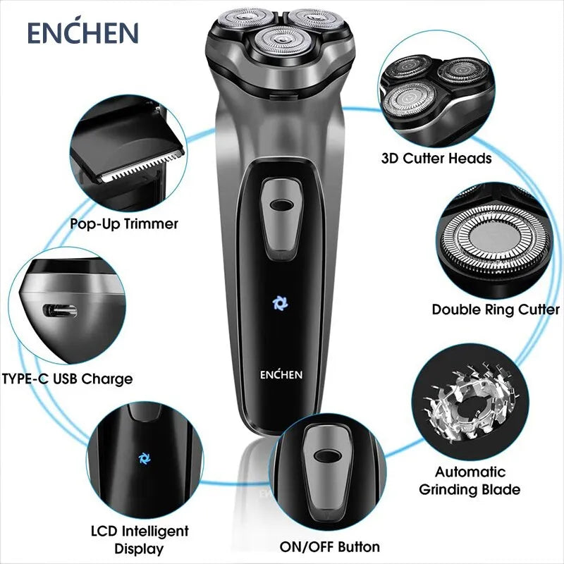 Enchen Blackstone USB Rechargeable Men's Electric Rotary Shaver with 3D Floating Blade and Washable Design