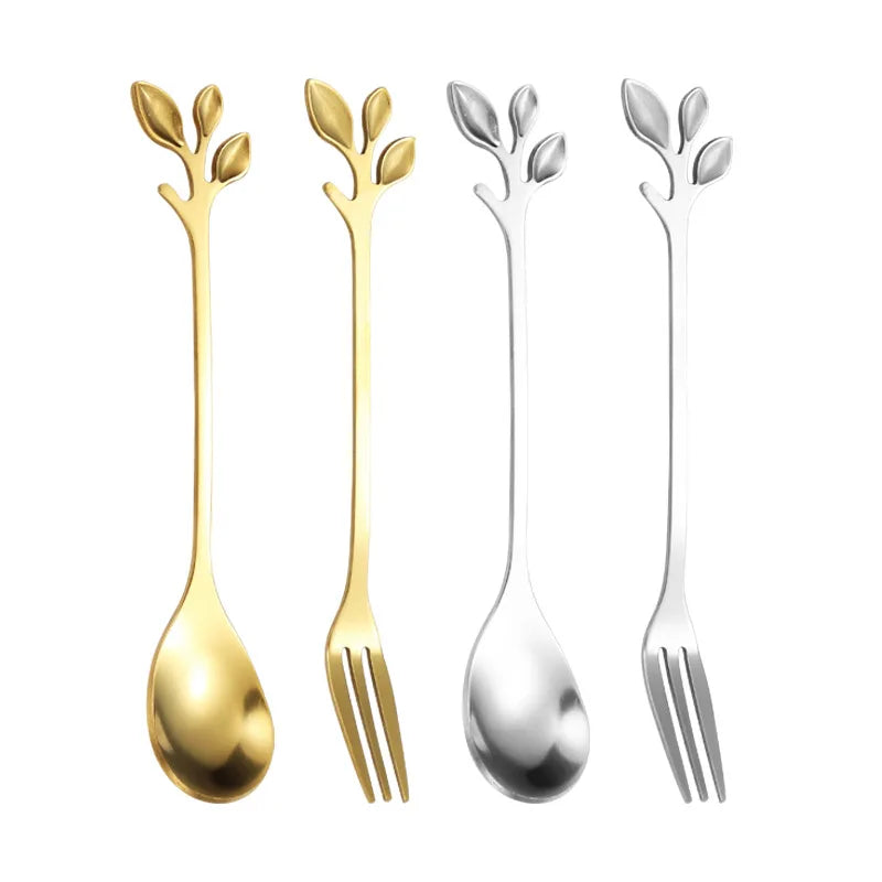 6-Piece Golden Leaf Stainless Steel Spoon Set - Ideal for Coffee, Tea, Dessert, Fruit & Ice Cream – Durable Kitchen Tableware
