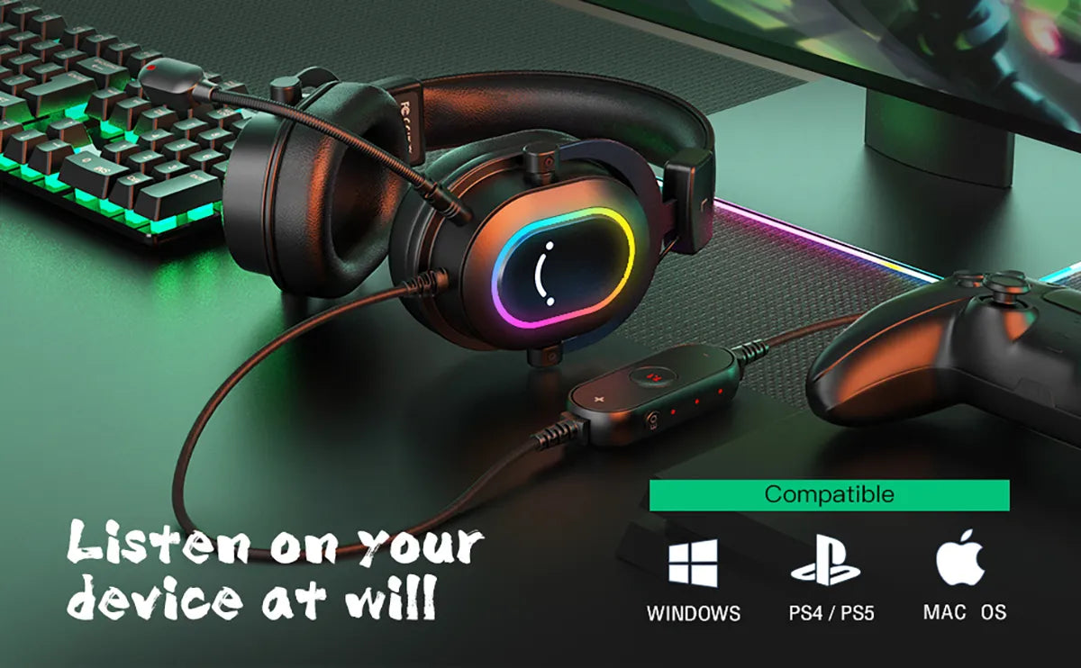 Fifine Dynamic Over-Ear Gaming Headset with Mic - 7.1 Surround Sound RGB Headphones - Compatible with PS4, PS5, PC - Featuring 3 EQ Settings for Games, Movies, Music