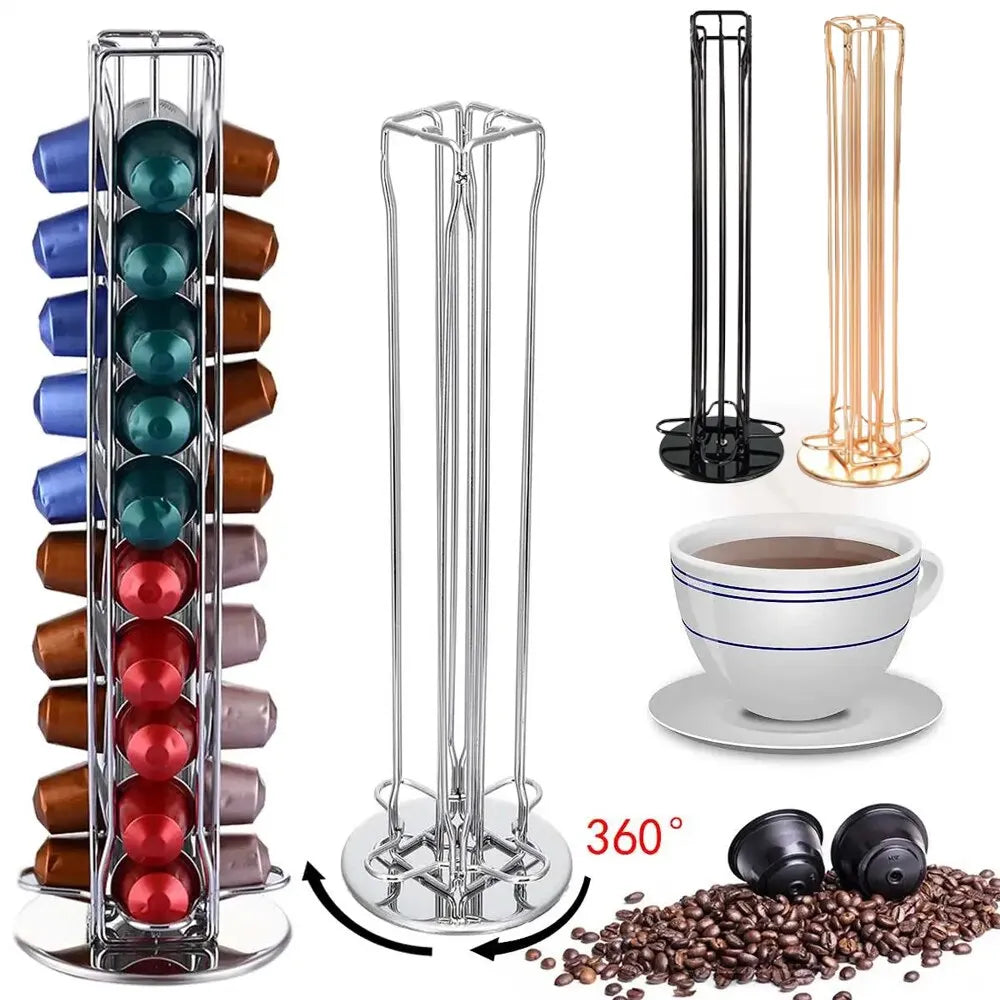 360-Degree Rotatable Chrome Plated Coffee Capsule Holder - Holds 40 Capsules with Display Rack Stand & Storage Shelves