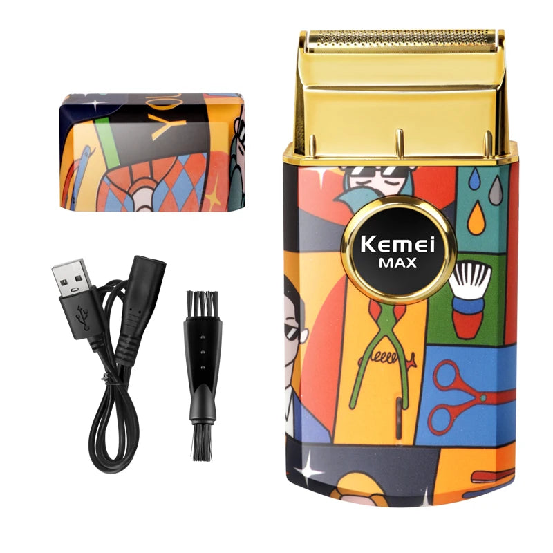 Kemei Men's Professional Titanium Double Foil Electric Shaver - Barber Finish Razor with Graffiti Pattern, KM-RS7098 Model