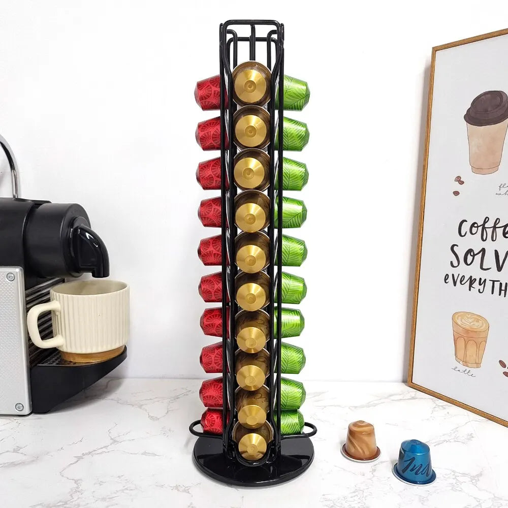 360-Degree Rotatable Chrome Plated Coffee Capsule Holder - Holds 40 Capsules with Display Rack Stand & Storage Shelves