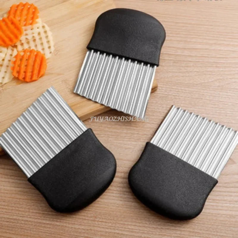 Stainless Steel Potato Chip Slicer and Dough Vegetable Fruit Crinkle Wavy Kitchen Knife Cutter Chopper - French Fry Maker Tools Gadget