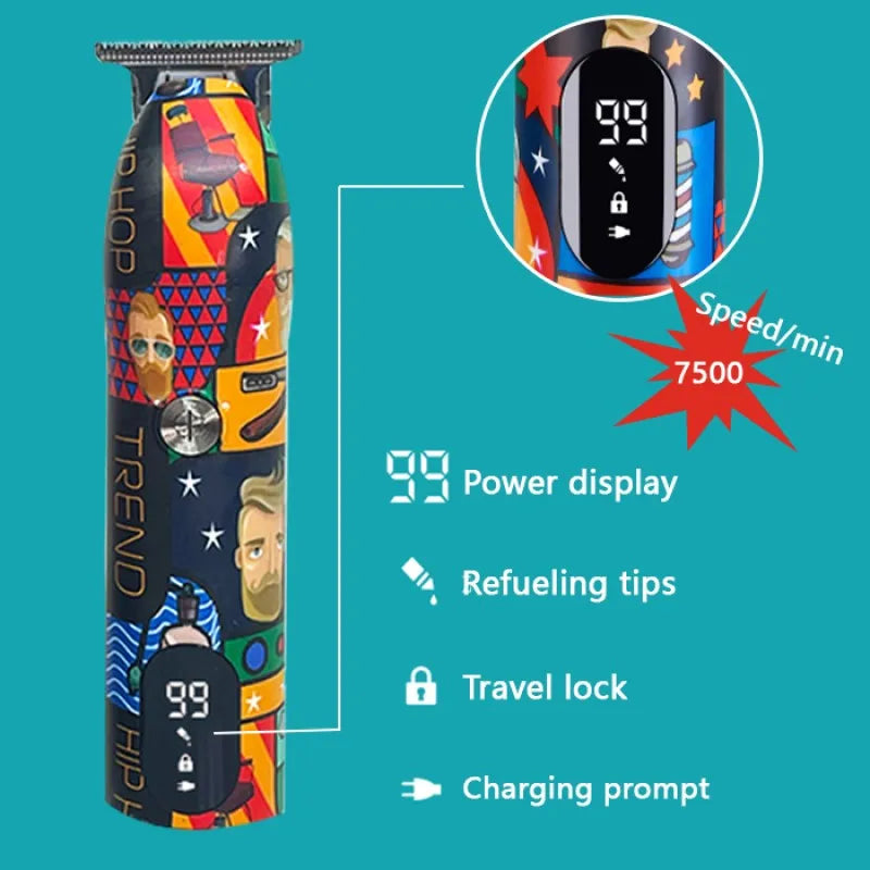 Cordless Professional Barber Hair Clipper - Rechargeable Graffiti Finish - Versatile Beard Trimmer and Electric Cutting Machine