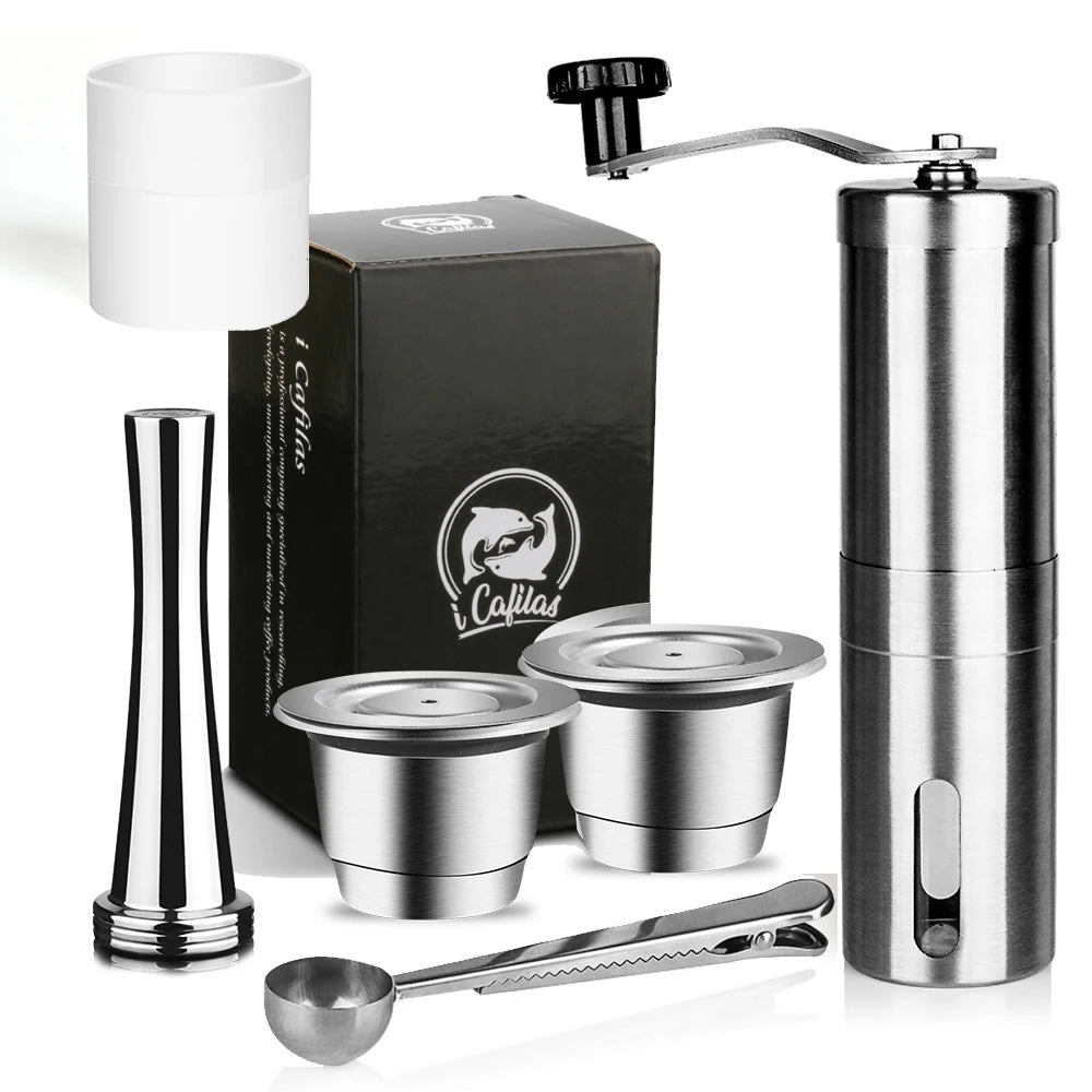 Stainless Steel Reusable Coffee Capsule for Nespresso with Refillable Espresso Cups, Coffee Pods and Tamper Dosing Ring