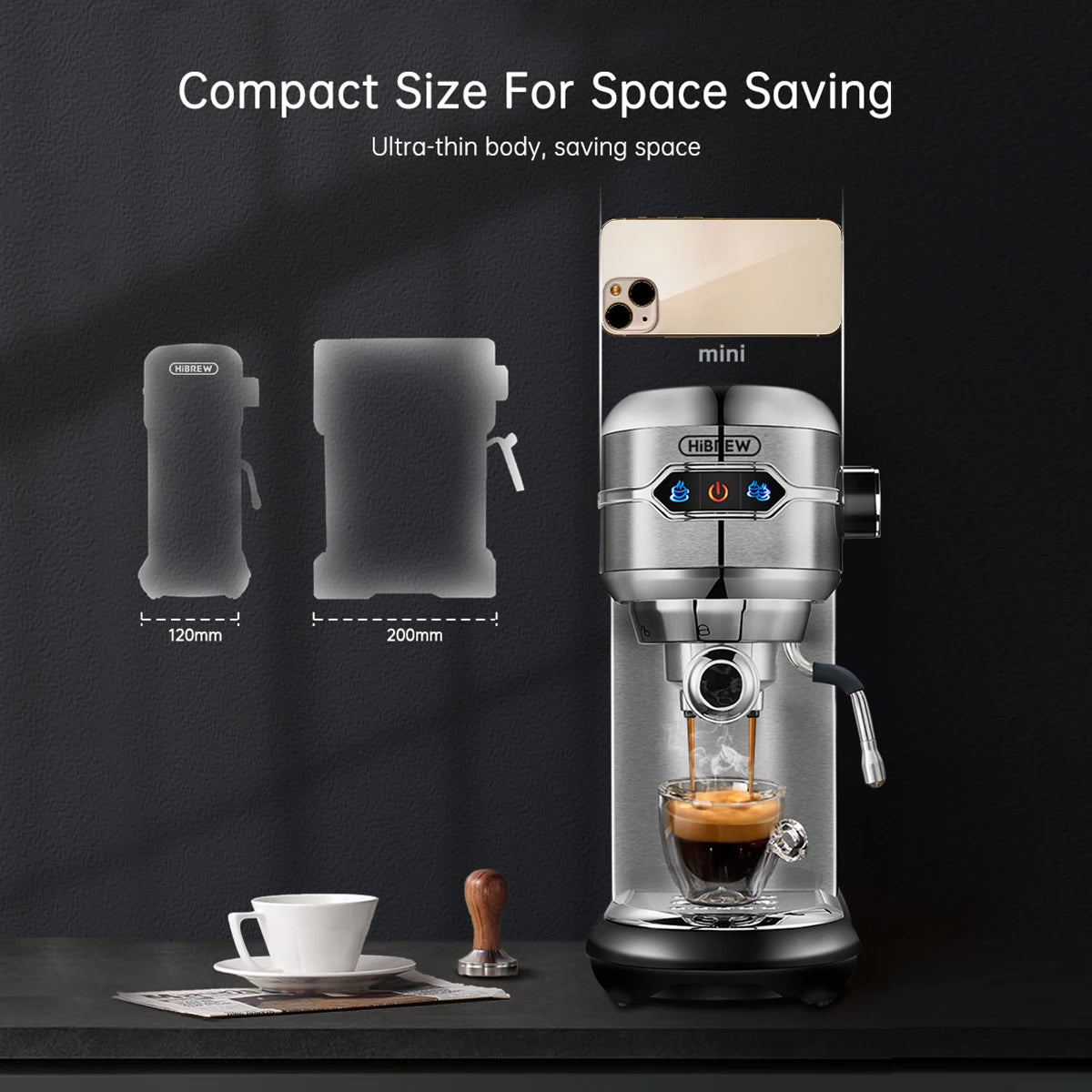 HiBREW Slim Semi-Automatic Stainless Steel Coffee Maker with 19 Bar Pressure for ESE POD, Powder Espresso, and Cappuccino - Hot Water H11 Machine