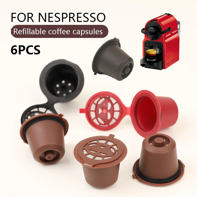 6-Piece Reusable Nespresso Coffee Capsule Set with Cleaning Brush and Spoon - Refillable Nespresso Pods