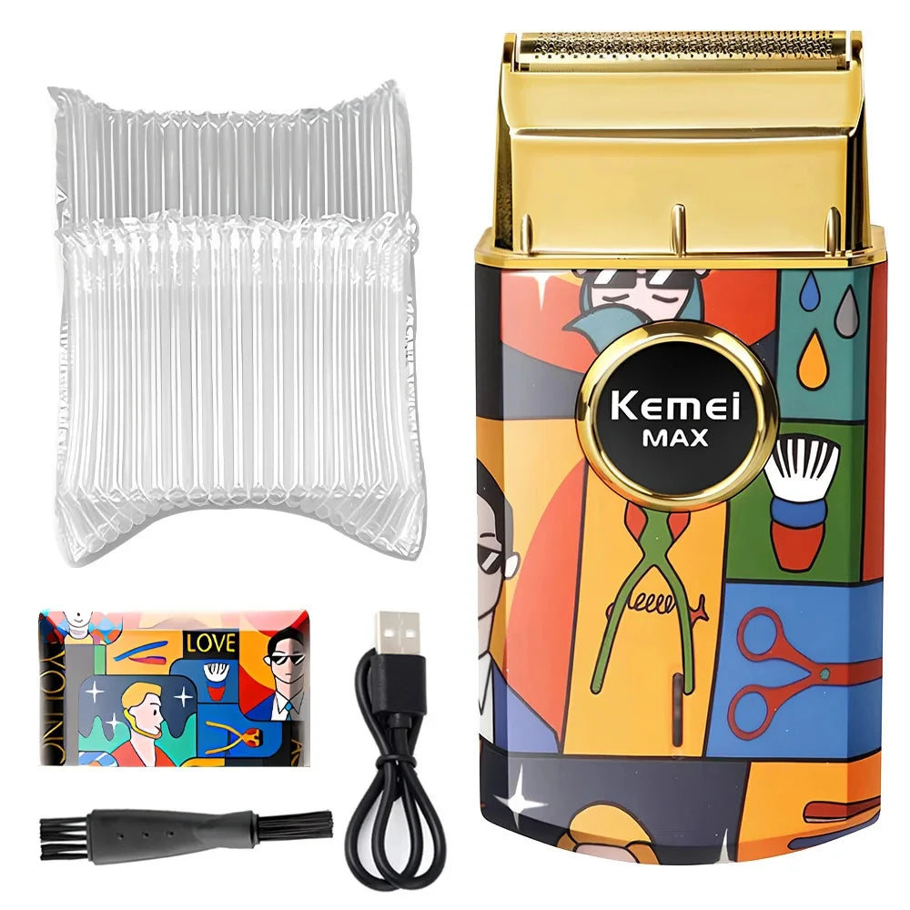 Kemei Men's Professional Titanium Double Foil Electric Shaver - Barber Finish Razor with Graffiti Pattern, KM-RS7098 Model