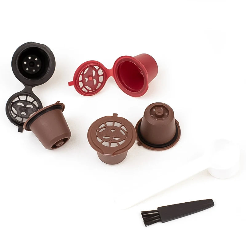 6-Piece Reusable Nespresso Coffee Capsule Set with Cleaning Brush and Spoon - Refillable Nespresso Pods