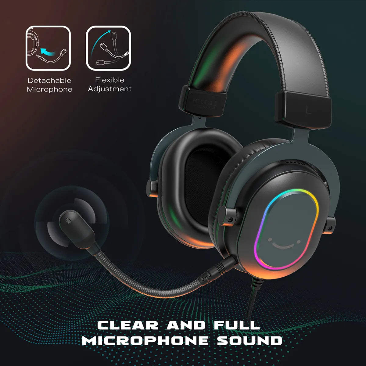 Fifine Dynamic Over-Ear Gaming Headset with Mic - 7.1 Surround Sound RGB Headphones - Compatible with PS4, PS5, PC - Featuring 3 EQ Settings for Games, Movies, Music