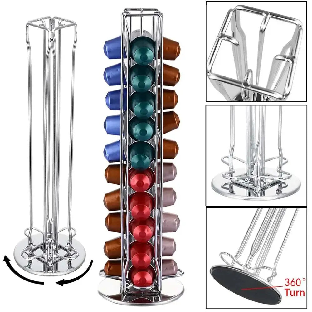 360-Degree Rotatable Chrome Plated Coffee Capsule Holder - Holds 40 Capsules with Display Rack Stand & Storage Shelves