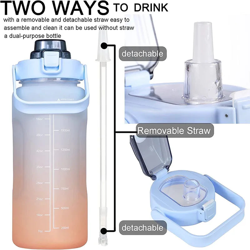 2L Motivational Sports Water Bottle with Time Marker Stickers - Portable, Reusable Plastic Drinking Bottle for Running and Fitness