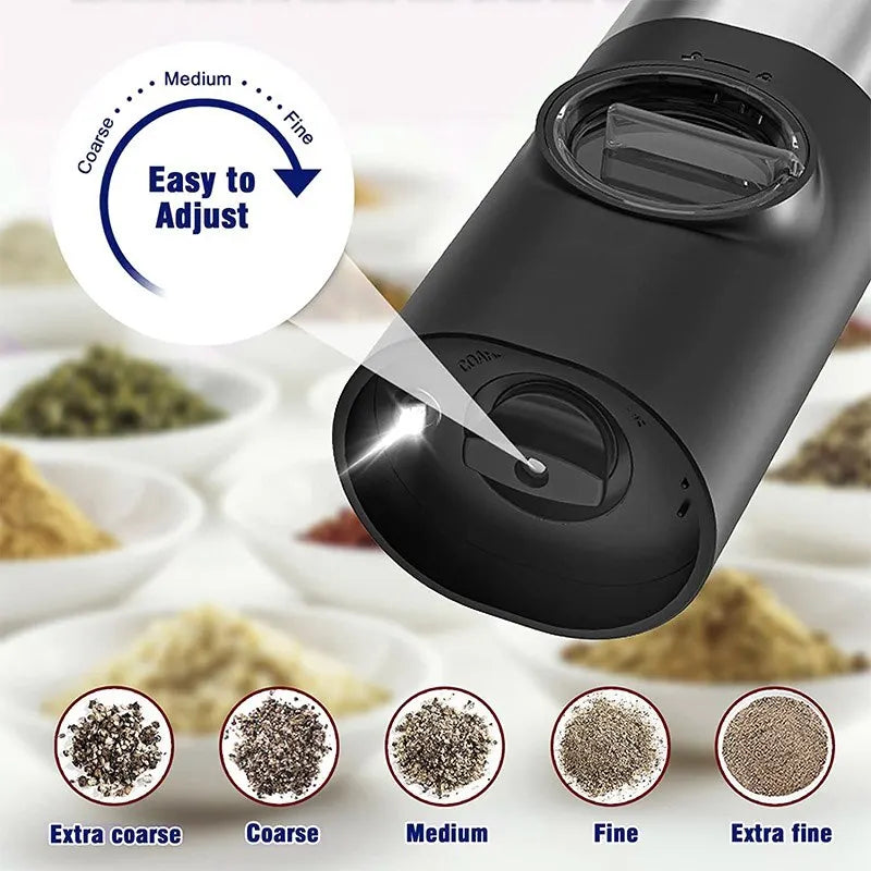 USB Rechargeable Electric Salt and Pepper Grinder Set with Adjustable Coarseness and LED Light - Essential Kitchen Tools