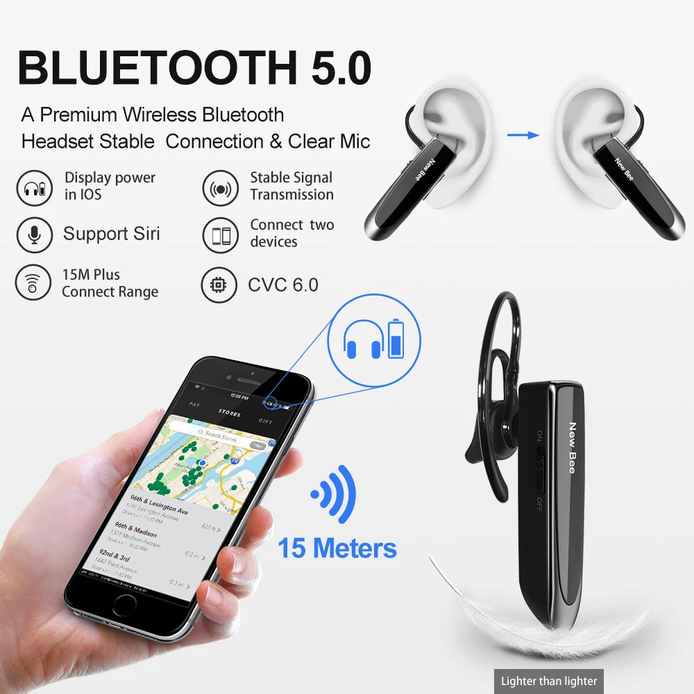 New Bee V5.0 Wireless Bluetooth Headset with Mic: Compact 24hr Earbuds for iPhone - Handsfree Mini Earpiece Experience