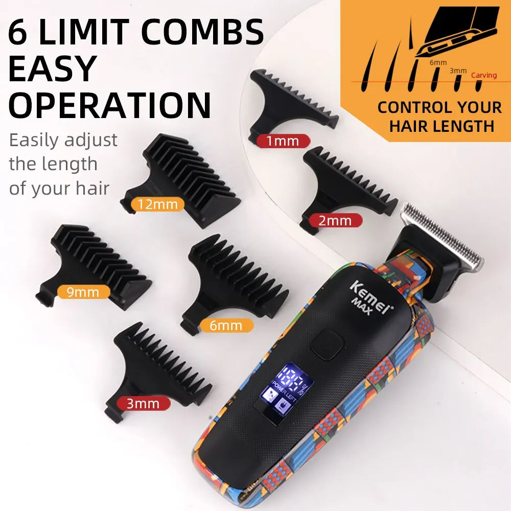 Kemei-5090 Professional Barber Hair Clipper for Men with Digital Display and Graffiti Pattern Electric Reciprocating Pusher