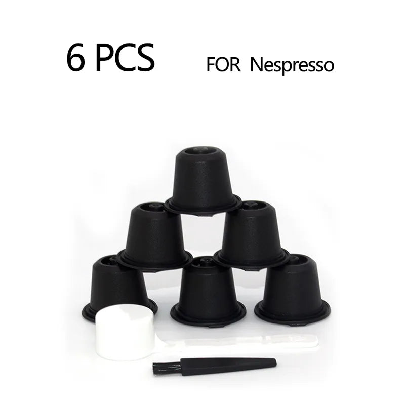 6-Piece Reusable Nespresso Coffee Capsule Set with Cleaning Brush and Spoon - Refillable Nespresso Pods