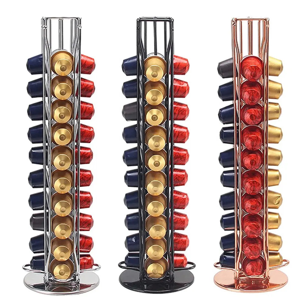 360-Degree Rotatable Chrome Plated Coffee Capsule Holder - Holds 40 Capsules with Display Rack Stand & Storage Shelves
