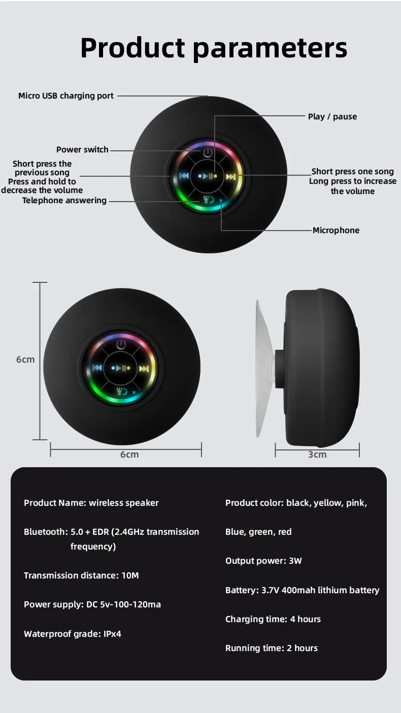 Bluetooth Shower Speaker - Portable, Waterproof with Suction Cup, LED Lights, and 3D Surround Stereo Subwoofer