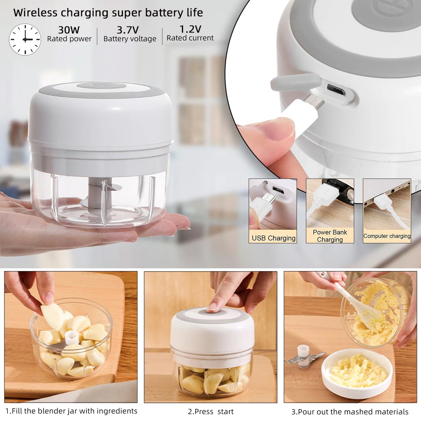 Electric Mini Food Chopper - USB Portable Garlic Masher, Meat Grinder, Vegetable Chopper for Kitchen Gadgets