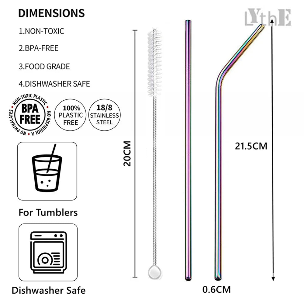 Reusable 304 Stainless Steel Rainbow Straws Set - Eco-Friendly Drinking Straws Ideal for Party Beverages and Milkshakes with Cleaning Brush, Drinkware Accessories