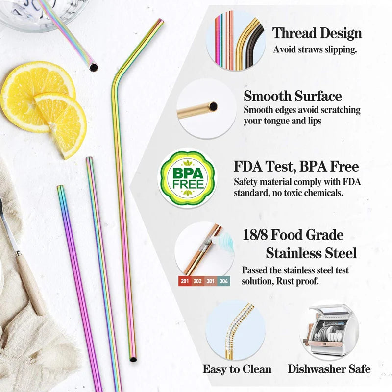 Reusable 304 Stainless Steel Rainbow Straws Set - Eco-Friendly Drinking Straws Ideal for Party Beverages and Milkshakes with Cleaning Brush, Drinkware Accessories